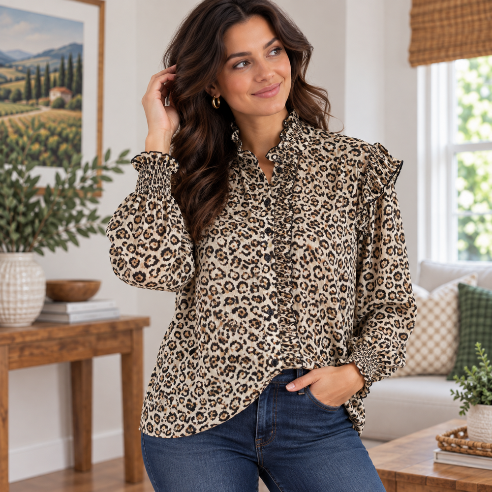 Zara Shirt Women Medium Black Tan Cheetah Ruffle Button Flowy Semi Sheer Career